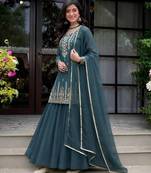 Women's teal blue embroidered kurta lehenga set with chanderi silk dupatta