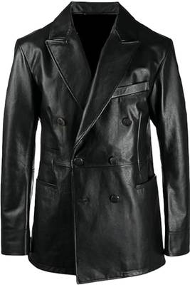 Men's lambskin genuine black double breasted leather blazer coat 1