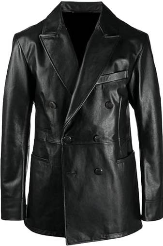 Men's lambskin genuine black double breasted leather blazer coat