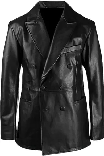 Men's lambskin genuine black double breasted leather blazer coat