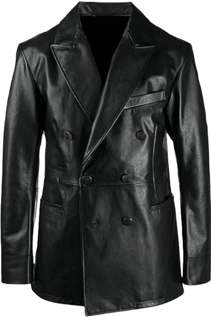 Men's lambskin genuine black double breasted leather blazer coat