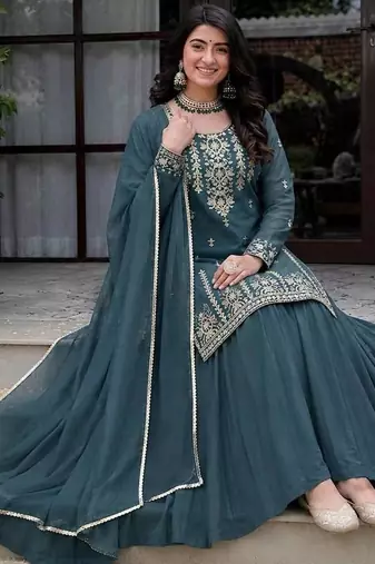 Women's teal blue embroidered kurta lehenga set with chanderi silk dupatta