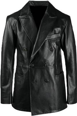 Men's lambskin genuine black double breasted leather blazer coat 4