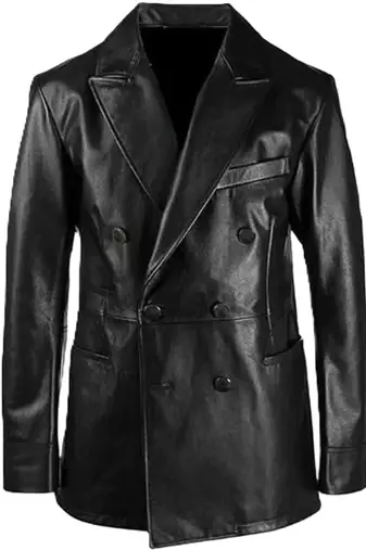 Men's lambskin genuine black double breasted leather blazer coat