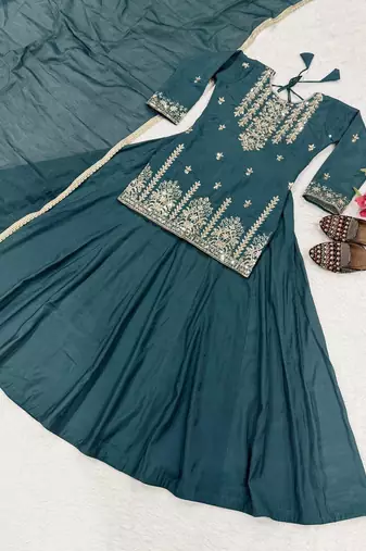 Women's teal blue embroidered kurta lehenga set with chanderi silk dupatta