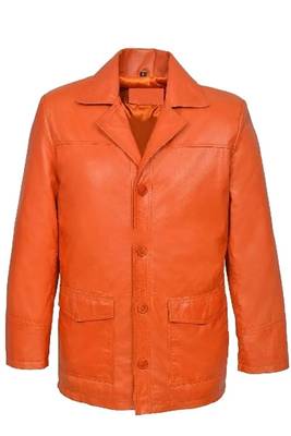 Men's orange genuine leather blazer casual button coat jacket 1