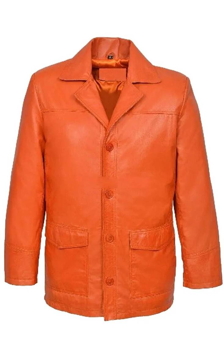 Men's orange genuine leather blazer casual button coat jacket