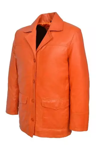 Men's orange genuine leather blazer casual button coat jacket