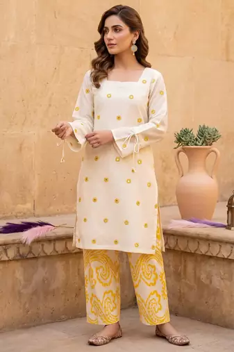 Women's off white embroidered kurta with yellow printed farshi pant