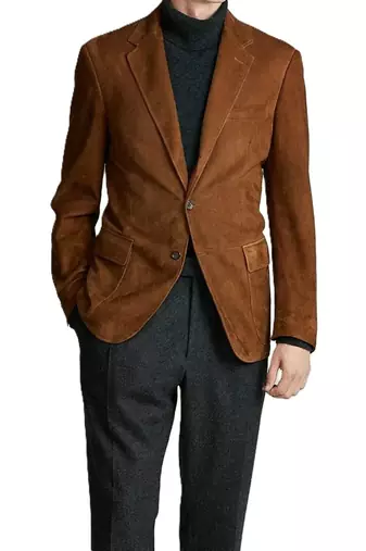 Men's brown soft suede genuine leather blazer casual coat