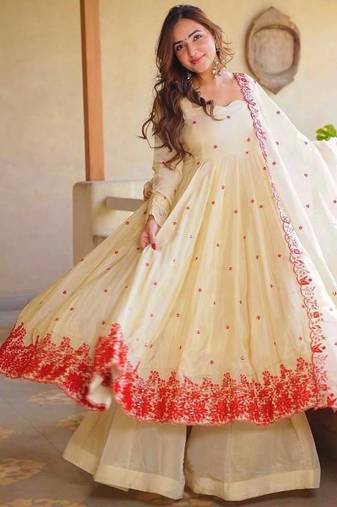 Women's off white embroidered anarkali kurta palazzo set with dupatta