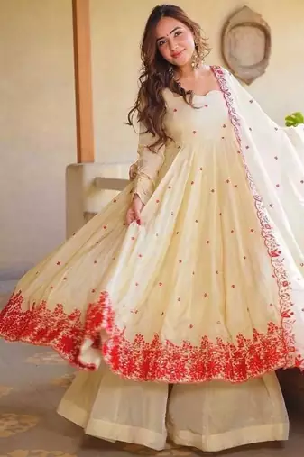 Women's off white embroidered anarkali kurta palazzo set with dupatta