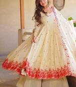 Women's off white embroidered anarkali kurta palazzo set with dupatta