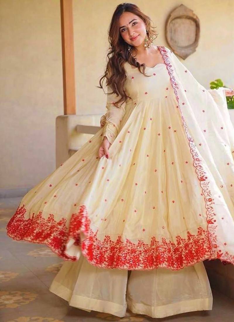 Women's off white embroidered anarkali kurta palazzo set with dupatta
