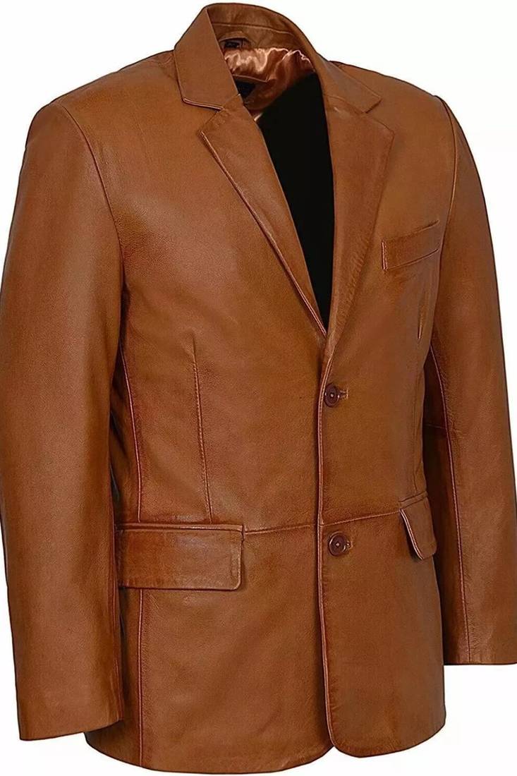 Men's tan lambskin genuine leather two button blazer sport coat