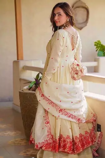 Women's off white embroidered anarkali kurta palazzo set with dupatta