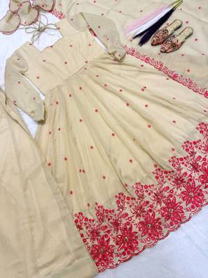 Women's off white embroidered anarkali kurta palazzo set with dupatta 4