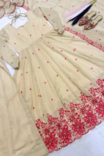 Women's off white embroidered anarkali kurta palazzo set with dupatta