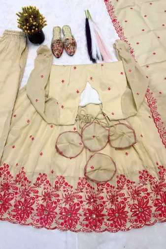 Women's off white embroidered anarkali kurta palazzo set with dupatta