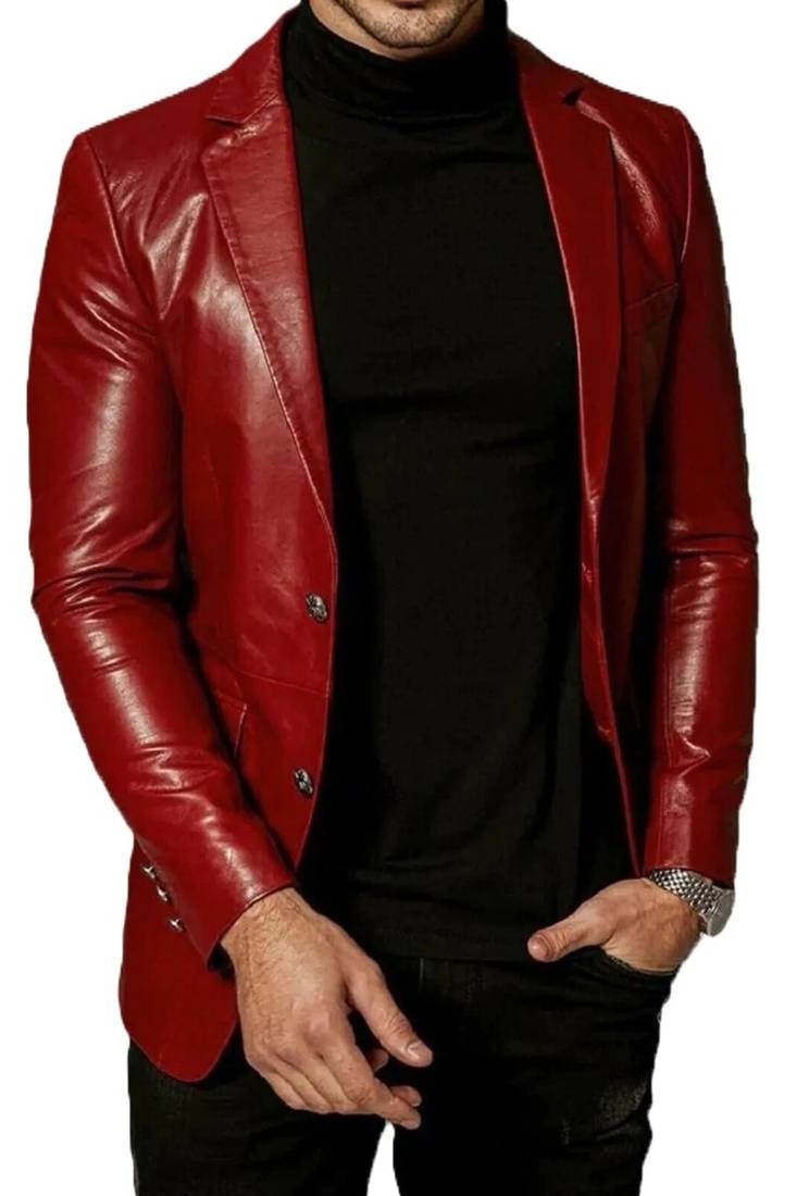 Men's slim fit red lambskin leather blazer sport coat jacket