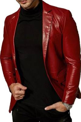 Men's slim fit red lambskin leather blazer sport coat jacket 2