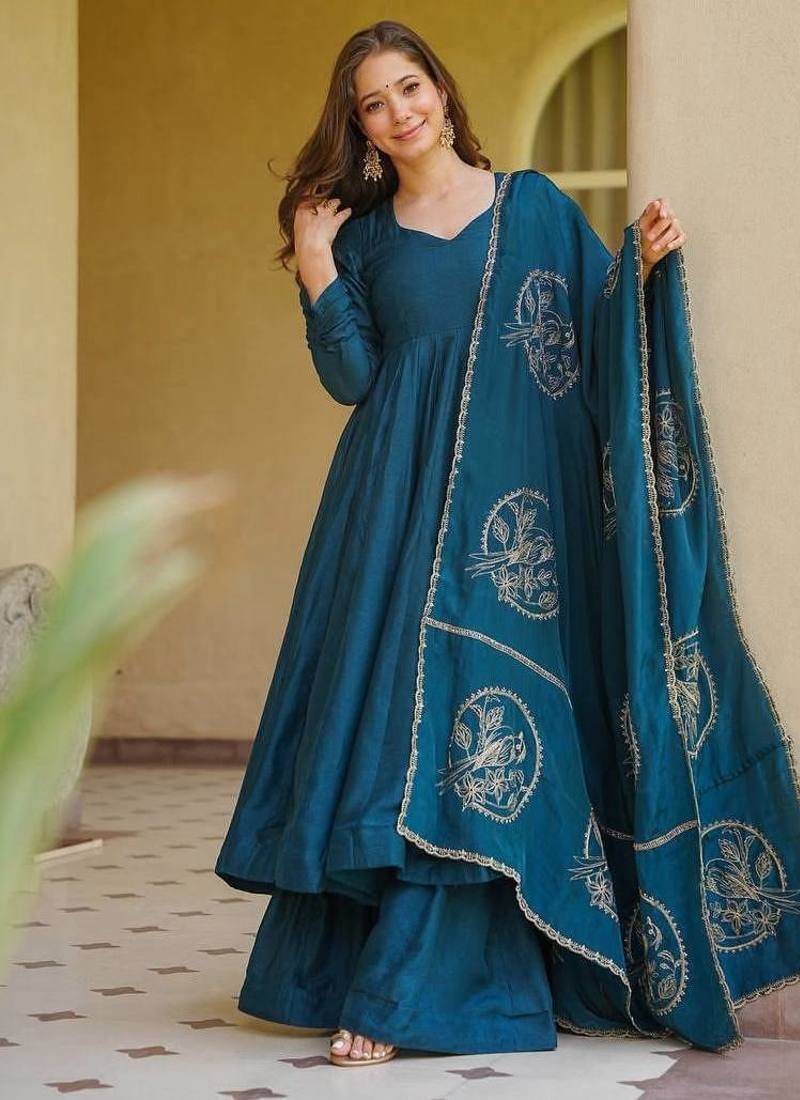 Elegant teal blue designer anarkali dress with palazzo & dupatta