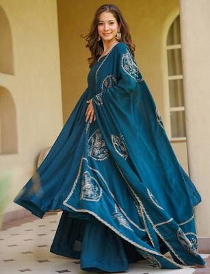 Elegant teal blue designer anarkali dress with palazzo & dupatta 2