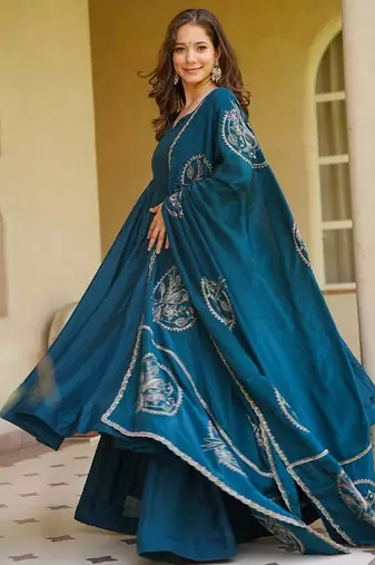Elegant teal blue designer anarkali dress with palazzo & dupatta