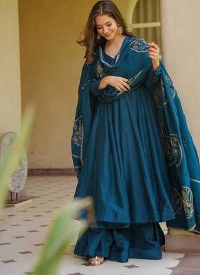 Elegant teal blue designer anarkali dress with palazzo & dupatta 3