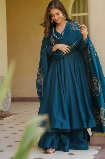 Elegant teal blue designer anarkali dress with palazzo & dupatta