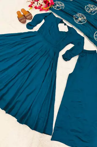 Elegant teal blue designer anarkali dress with palazzo & dupatta
