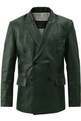 Men's genuine lambskin green double breasted leather blazer jacket 1