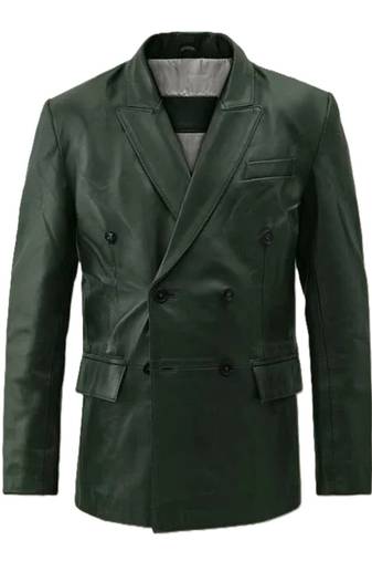Men's genuine lambskin green double breasted leather blazer jacket
