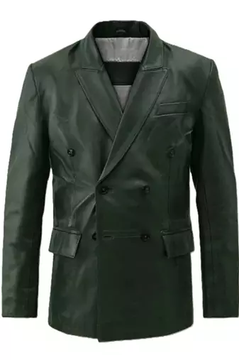 Men's genuine lambskin green double breasted leather blazer jacket