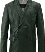 Men's genuine lambskin green double breasted leather blazer jacket