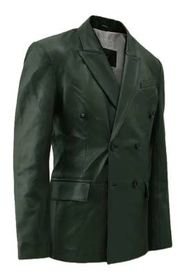 Men's genuine lambskin green double breasted leather blazer jacket 2