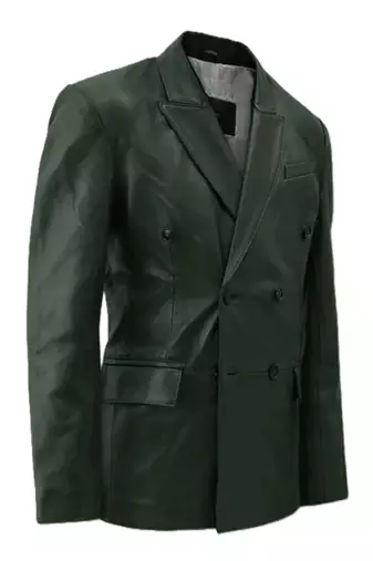 Men's genuine lambskin green double breasted leather blazer jacket