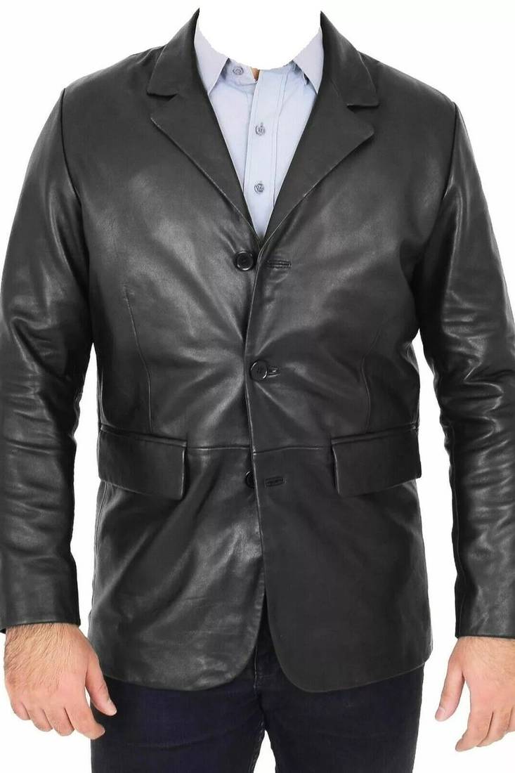 Men's black leather two button real lambskin sport coat blazer