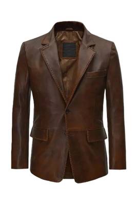 Men's brown genuine lambskin leather hand stitched blazer jacket 1