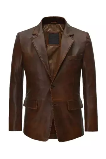 Men's brown genuine lambskin leather hand stitched blazer jacket