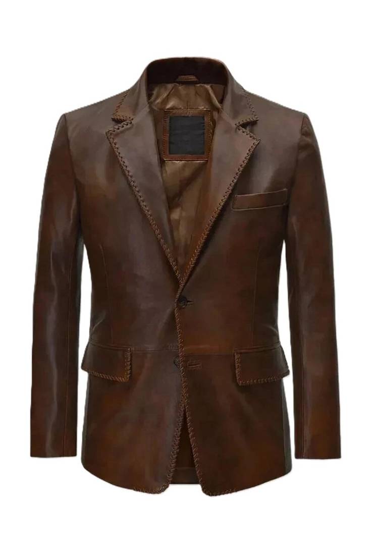 Men's brown genuine lambskin leather hand stitched blazer jacket