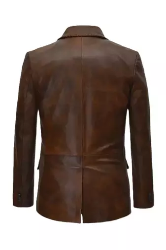 Men's brown genuine lambskin leather hand stitched blazer jacket