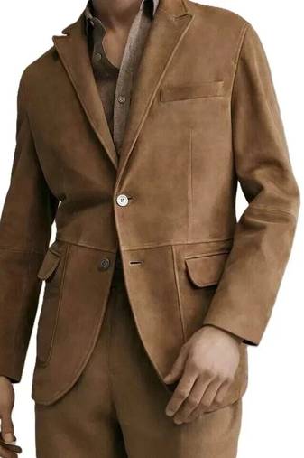Men's tan lambskin suede leather two button blazer jacket