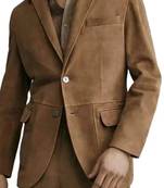 Men's tan lambskin suede leather two button blazer jacket