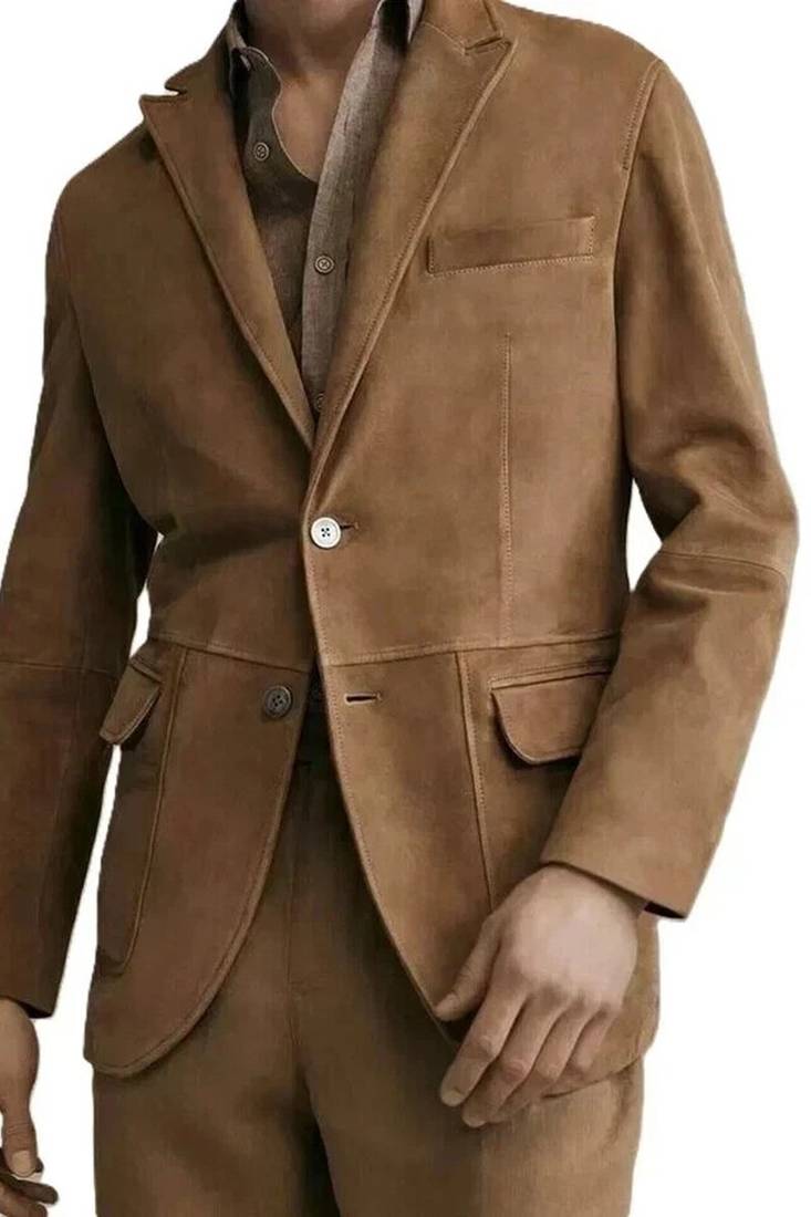 Men's tan lambskin suede leather two button blazer jacket