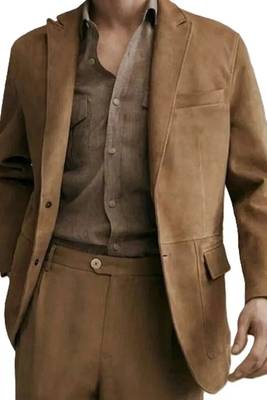 Men's tan lambskin suede leather two button blazer jacket 2