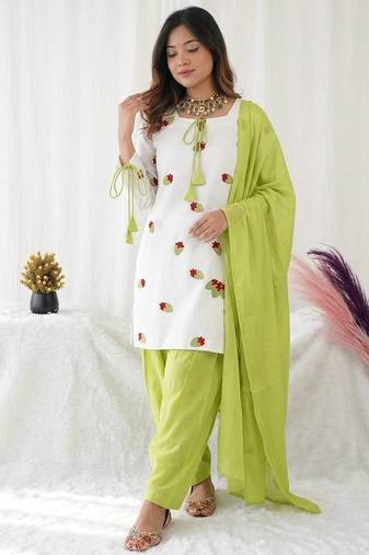 Women's white embroidered kurta with lime green palazzo & chiffon dupatta set
