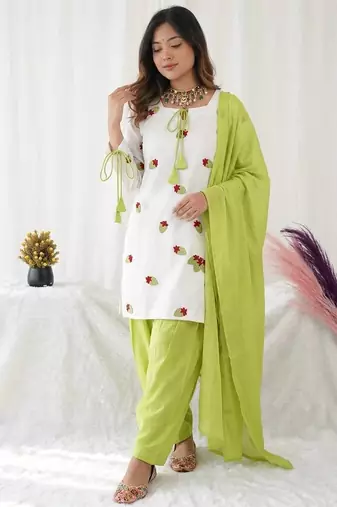 Women's white embroidered kurta with lime green palazzo & chiffon dupatta set
