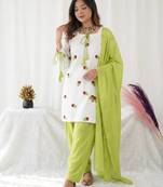 Women's white embroidered kurta with lime green palazzo & chiffon dupatta set