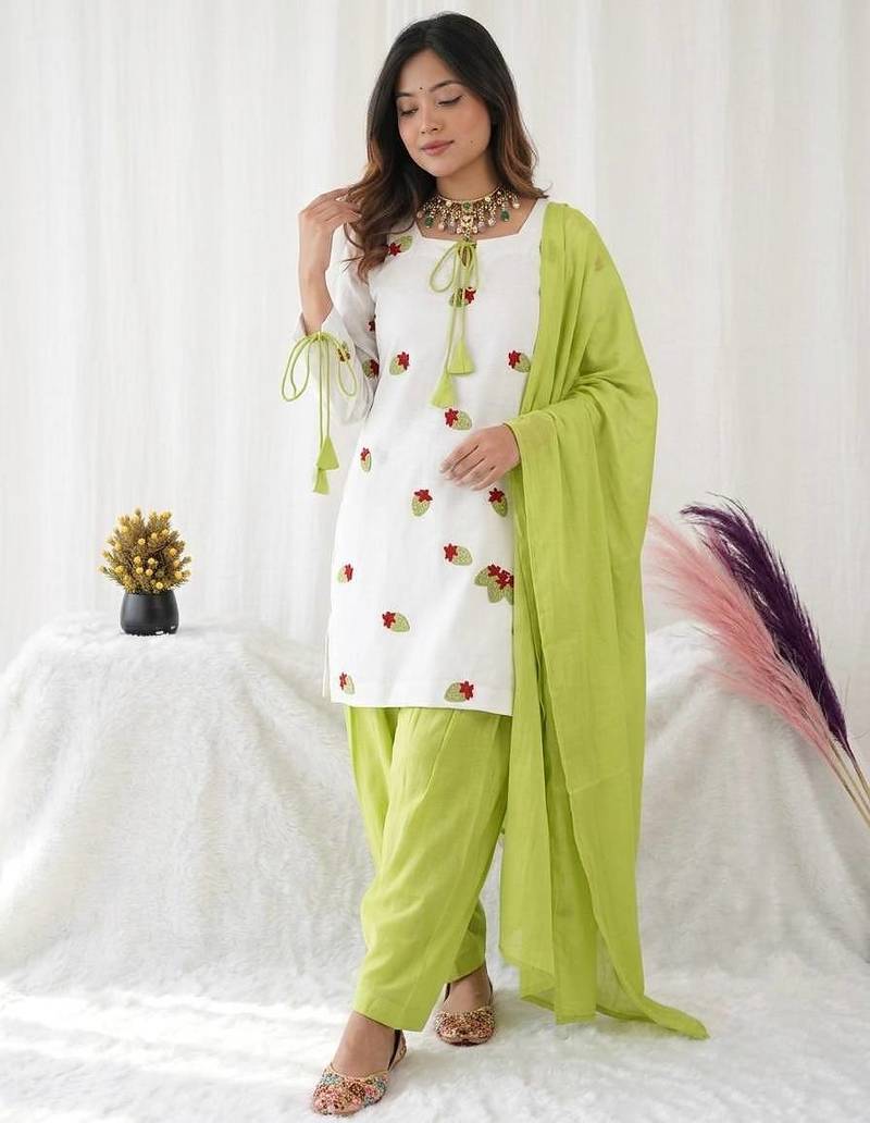 Women's white embroidered kurta with lime green palazzo & chiffon dupatta set
